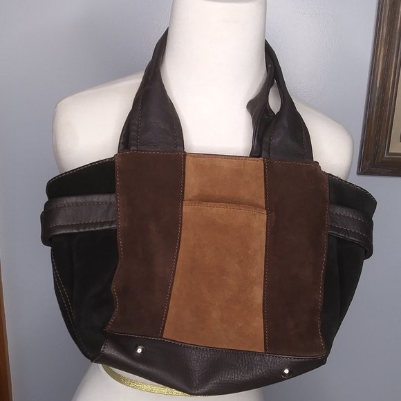 Tignanello Leather suede color block handbag   FLAWS  on Handles lots of wear - Picture 2 of 16